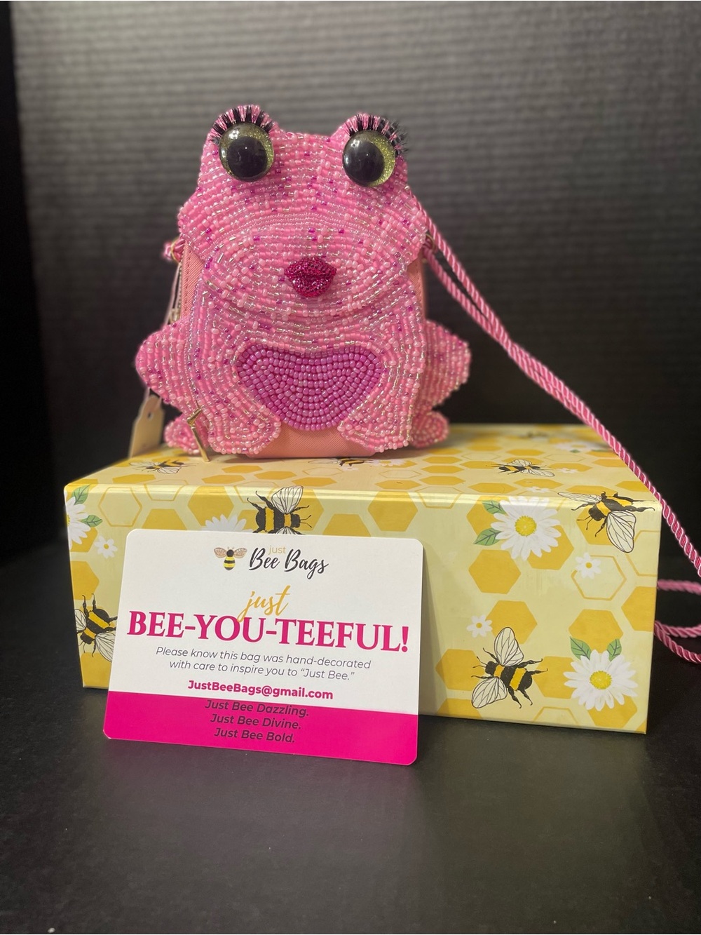 Just Bee Pink Beaded Frog Crossbody Bag with Heart Detail
